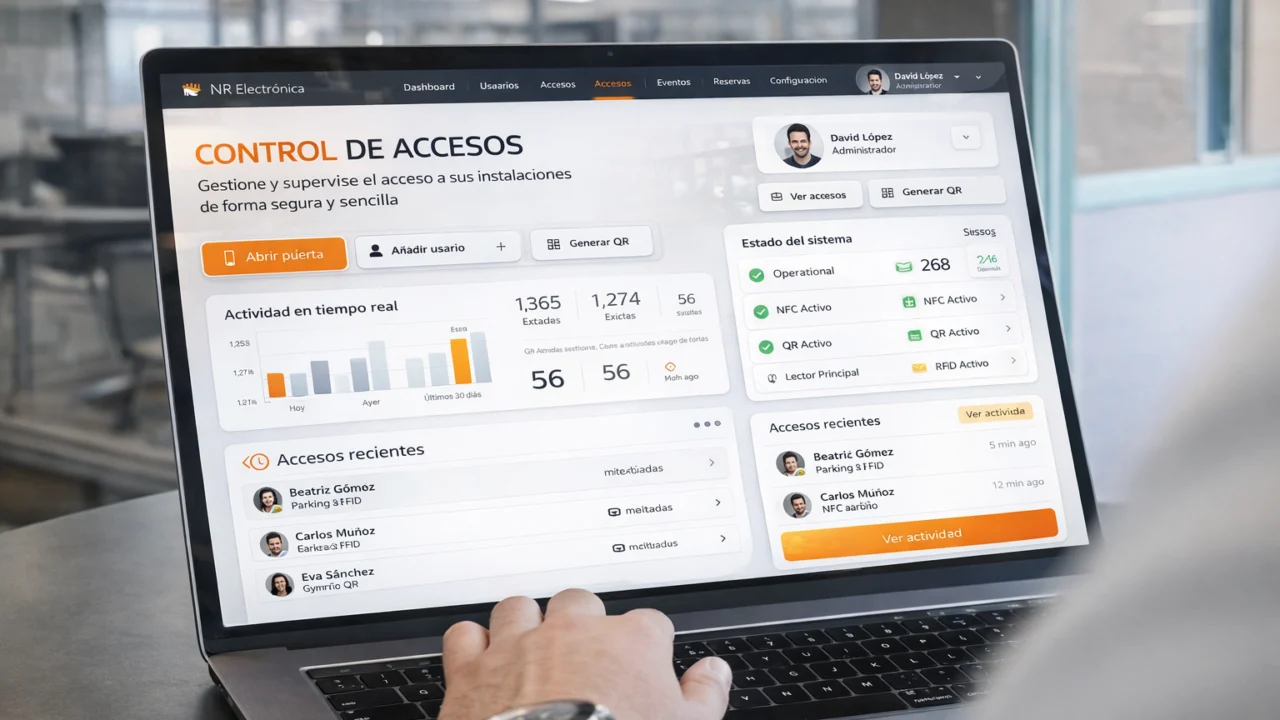 Software de control de accesos en la nube de NR Electrónica mostrado en portátil con dashboard de usuarios, accesos y eventos en tiempo real