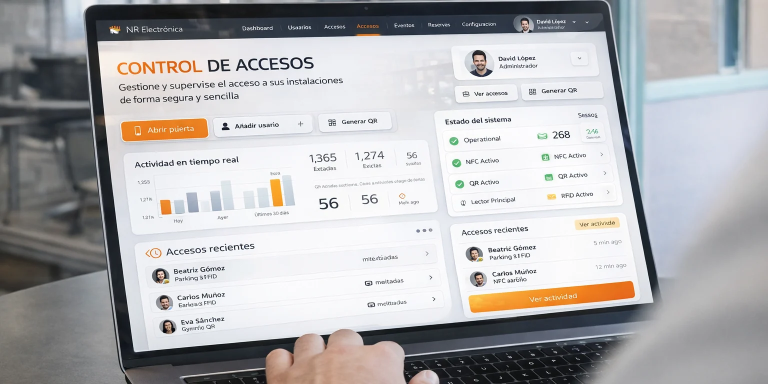 Software de control de accesos en la nube de NR Electrónica mostrado en portátil con dashboard de usuarios, accesos y eventos en tiempo real