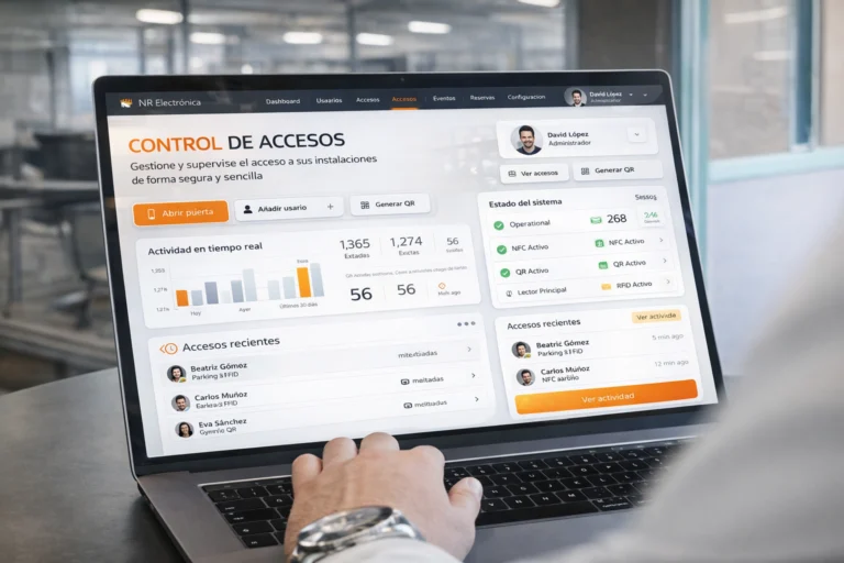Software de control de accesos en la nube de NR Electrónica mostrado en portátil con dashboard de usuarios, accesos y eventos en tiempo real