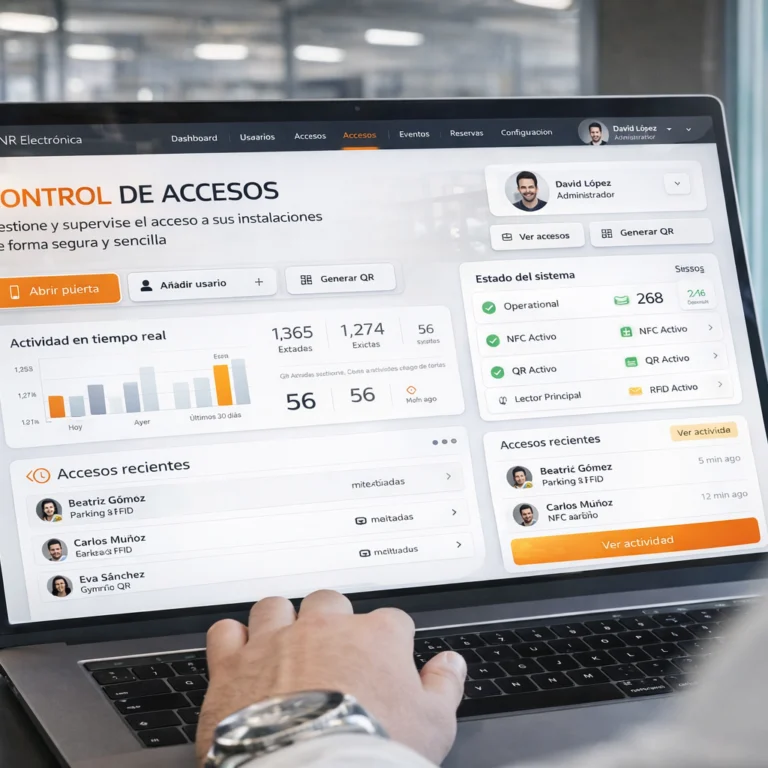 Software de control de accesos en la nube de NR Electrónica mostrado en portátil con dashboard de usuarios, accesos y eventos en tiempo real