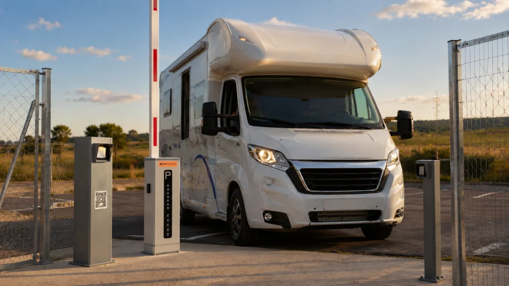 Autocaravana accediendo automáticamente a un área de pernocta de Navarra mediante barrera automática, cámara LPR de reconocimiento de matrícula y lector QR integrado con la plataforma Visit Navarra.
