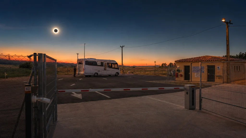 Autocaravana estacionada en el área de pernocta de Rada al atardecer mientras observa el eclipse solar total visible desde la Ribera de Navarra.