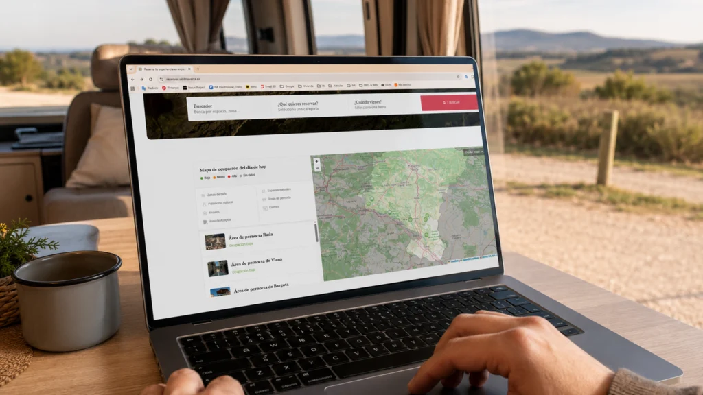 Usuario realizando una reserva de un área de pernocta en la plataforma Visit Navarra desde el interior de una autocaravana con vistas al paisaje natural navarro.