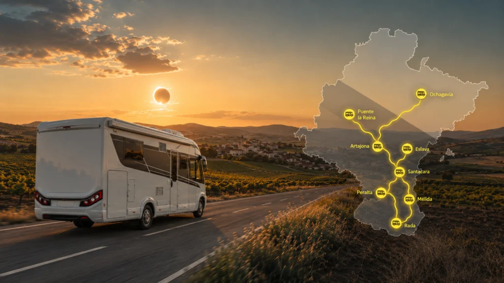 Autocaravana recorriendo la Ribera de Navarra con un mapa que muestra las áreas de pernocta de Rada, Peralta, Mélida, Santacara, Eslava, Artajona, Puente la Reina y Ochagavía para observar el eclipse solar.