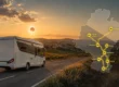 Autocaravana recorriendo la Ribera de Navarra con un mapa que muestra las áreas de pernocta de Rada, Peralta, Mélida, Santacara, Eslava, Artajona, Puente la Reina y Ochagavía para observar el eclipse solar.