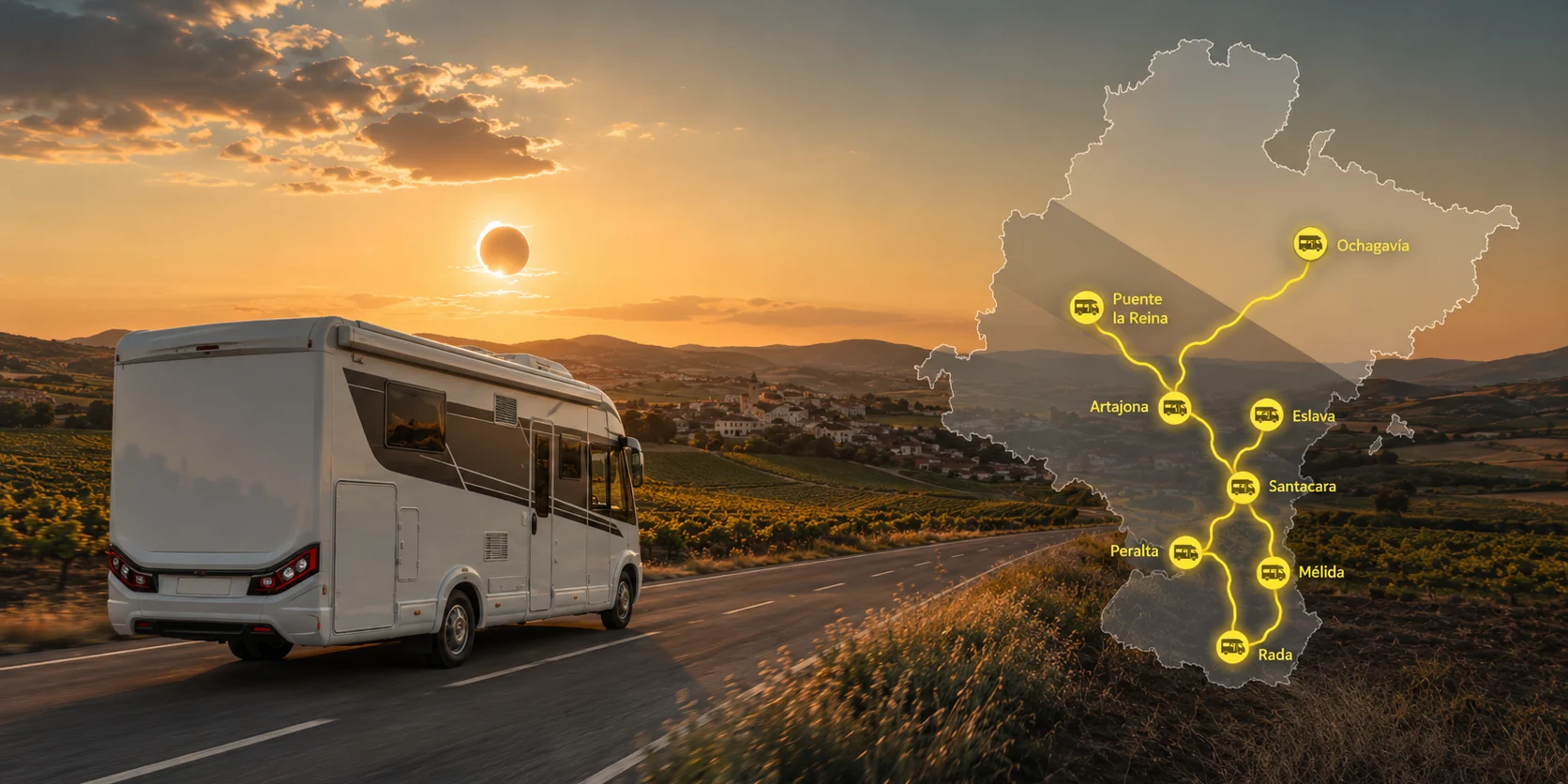 Autocaravana recorriendo la Ribera de Navarra con un mapa que muestra las áreas de pernocta de Rada, Peralta, Mélida, Santacara, Eslava, Artajona, Puente la Reina y Ochagavía para observar el eclipse solar.