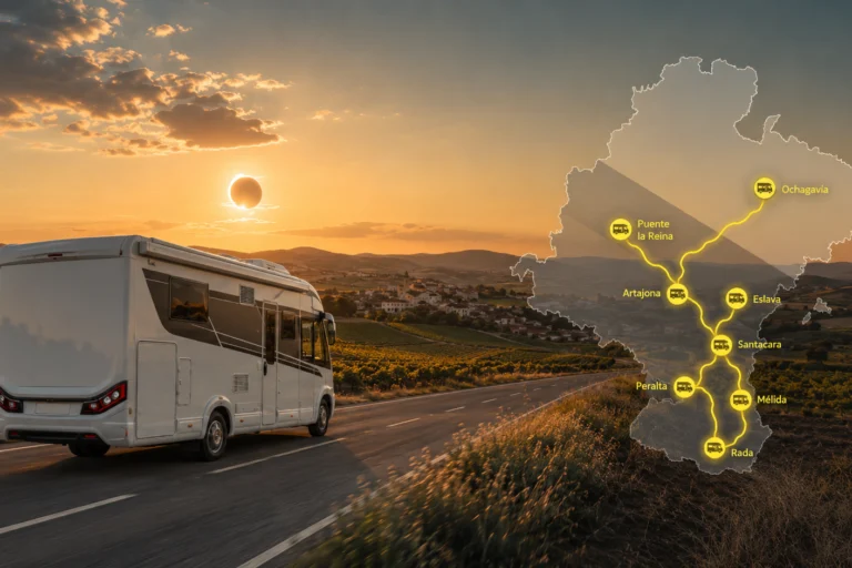 Autocaravana recorriendo la Ribera de Navarra con un mapa que muestra las áreas de pernocta de Rada, Peralta, Mélida, Santacara, Eslava, Artajona, Puente la Reina y Ochagavía para observar el eclipse solar.