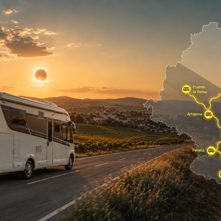 Autocaravana recorriendo la Ribera de Navarra con un mapa que muestra las áreas de pernocta de Rada, Peralta, Mélida, Santacara, Eslava, Artajona, Puente la Reina y Ochagavía para observar el eclipse solar.