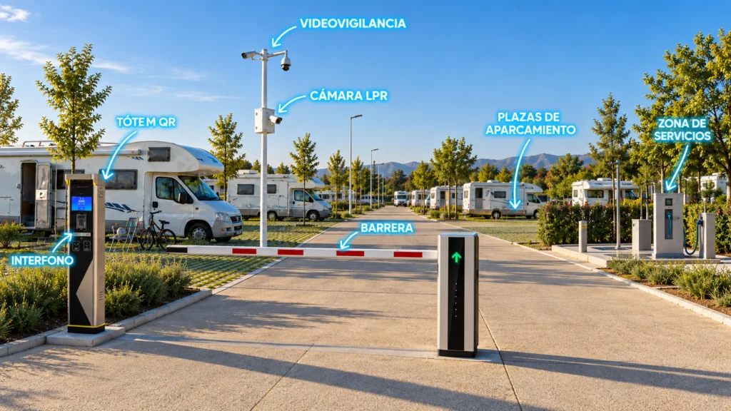 Nuevas subvenciones para crear áreas de pernocta en Navarra 3 Área de pernocta para autocaravanas con barrera automática, tótem QR, cámara LPR, videovigilancia, interfono y zona de servicios.