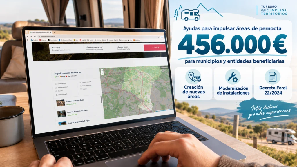 Nuevas subvenciones para crear áreas de pernocta en Navarra 2 Plataforma de reservas de Visit Navarra junto a información sobre las subvenciones para áreas de pernocta de autocaravanas en Navarra.