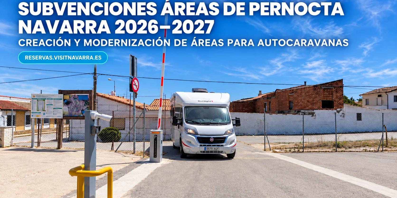 Subvenciones para áreas de pernocta en Navarra 2026-2027 Autocaravana accediendo a un área de pernocta en Navarra junto al anuncio de las subvenciones 2026-2027 para crear y modernizar estas instalaciones.