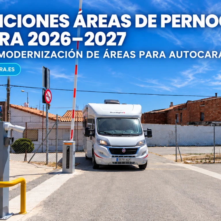 Autocaravana accediendo a un área de pernocta en Navarra junto al anuncio de las subvenciones 2026-2027 para crear y modernizar estas instalaciones.