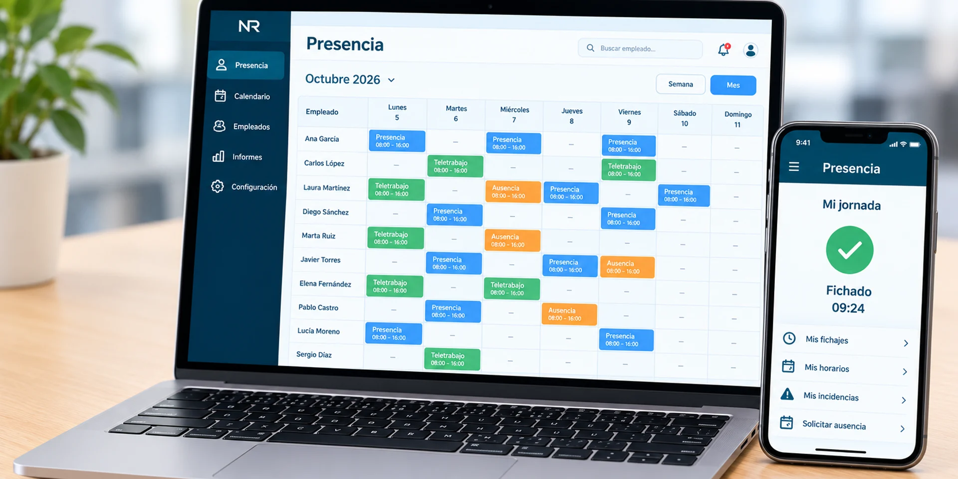 Software de control de presencia en ordenador y móvil para gestionar fichajes y horarios de empleados.