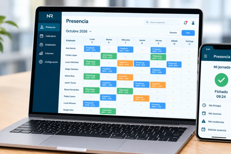 Software de control de presencia en ordenador y móvil para gestionar fichajes y horarios de empleados.
