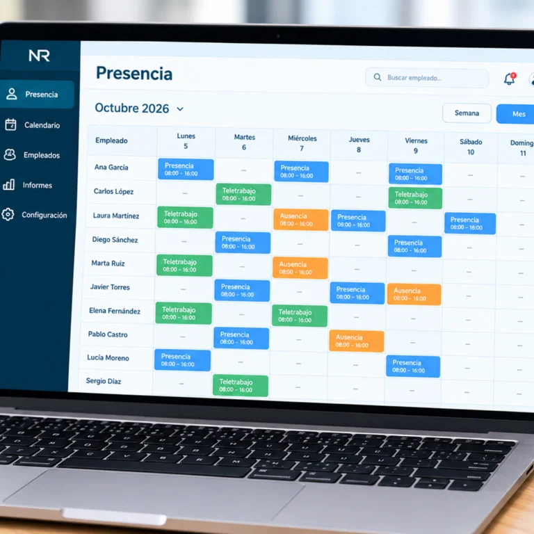 Software de control de presencia en ordenador y móvil para gestionar fichajes y horarios de empleados.